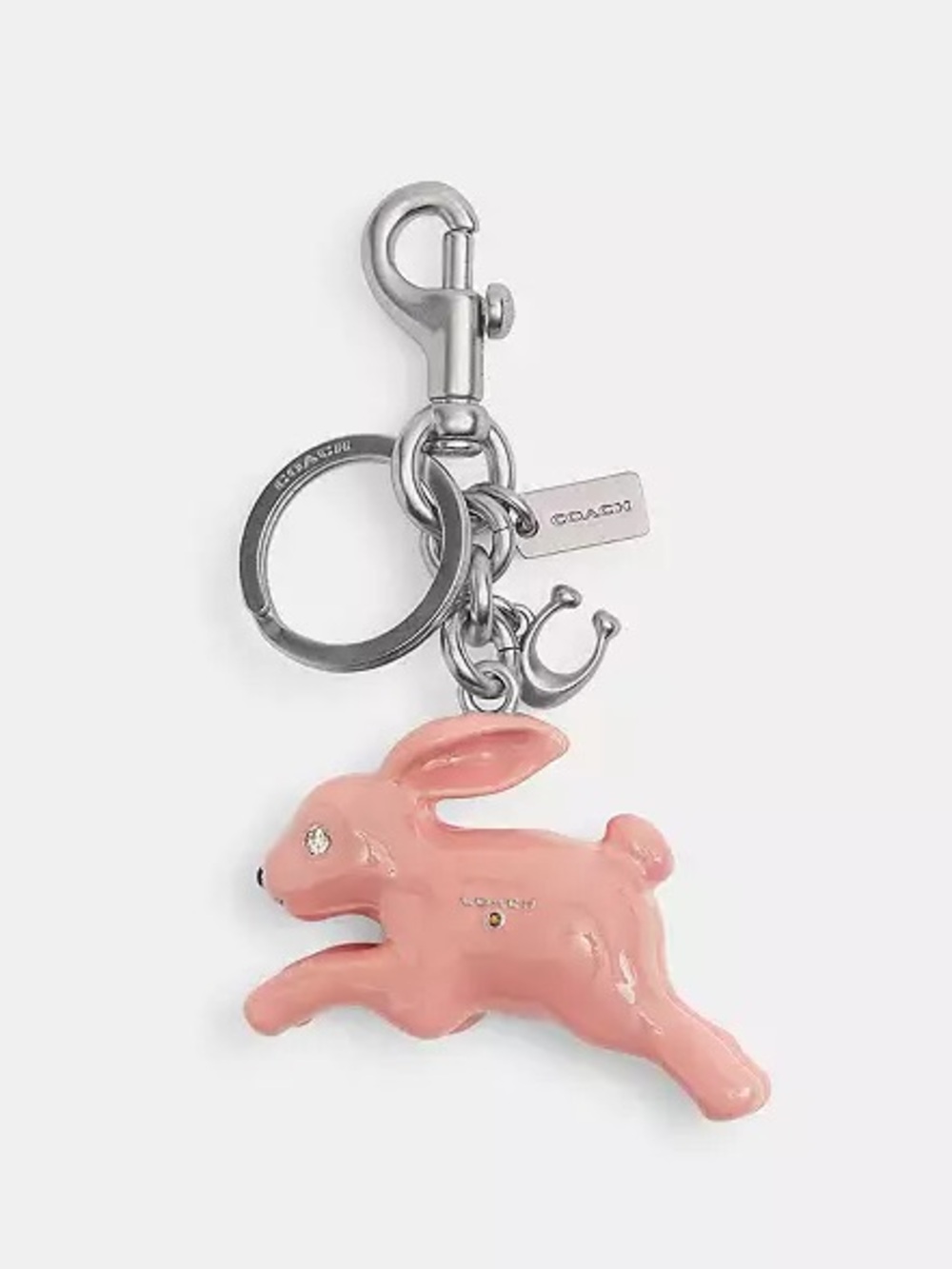 Coach Bunny Rabbit Bag Charm Keychain in Silver/Pink Metal & Crystal NWT